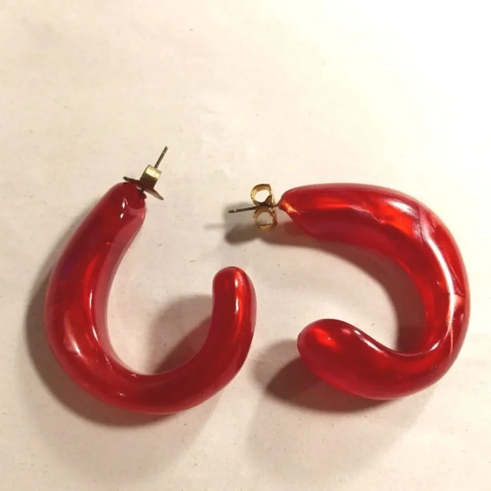 Vibrant Red Resin C Shape Hoop Post Earrings
